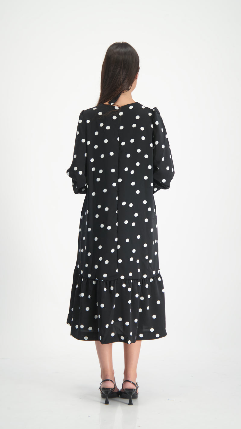 Elegant Dress With Belt / Black Polka Dots