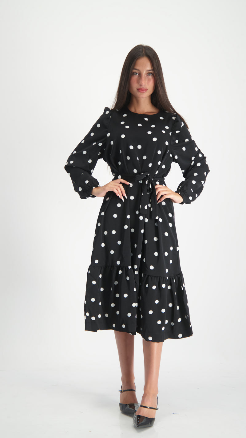 Elegant Dress With Belt / Black Polka Dots