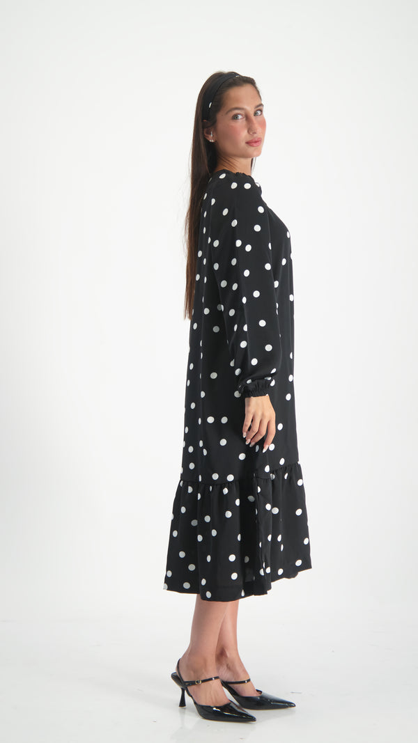 Elegant Dress With Belt / Black Polka Dots