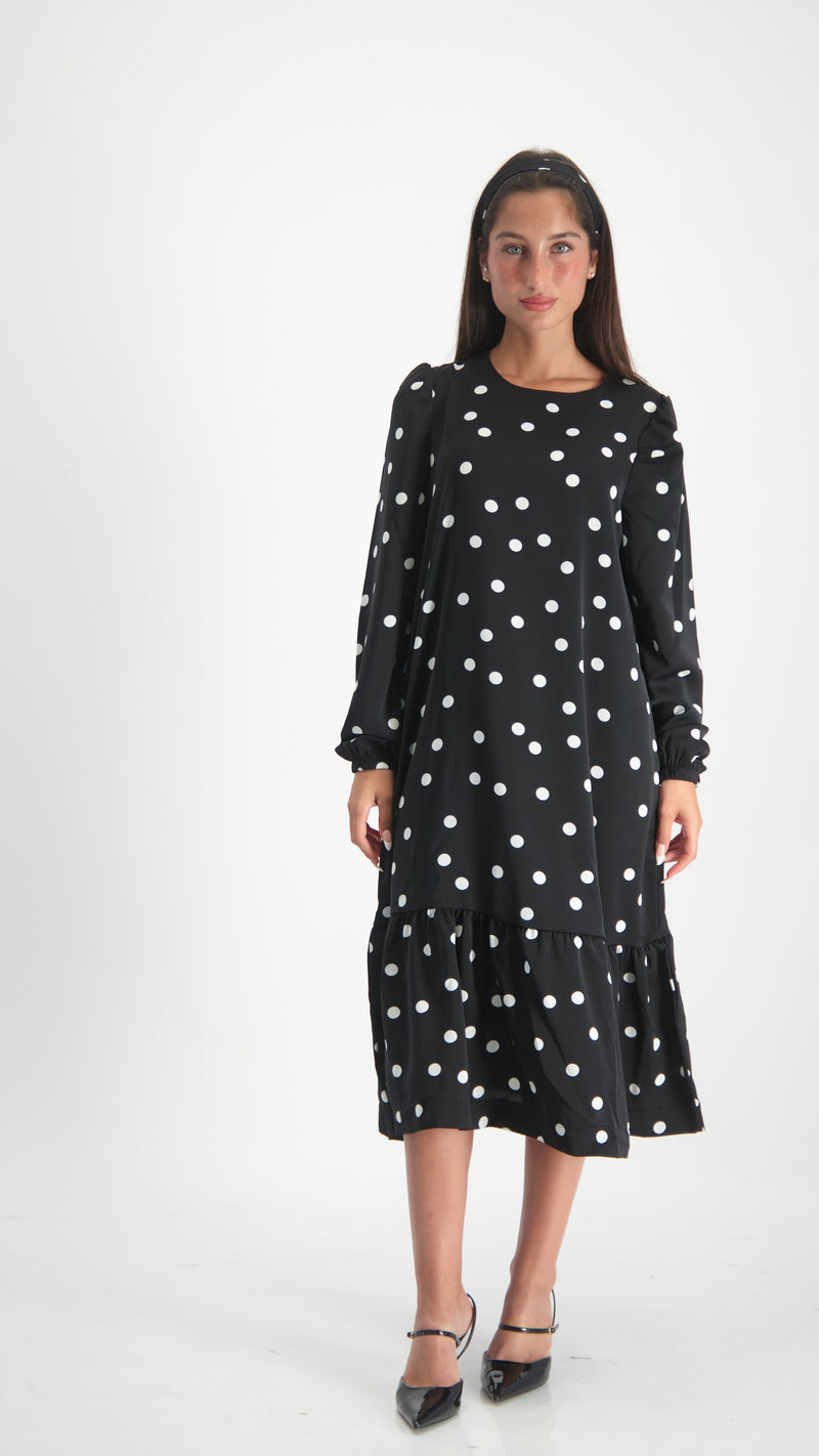 Elegant Dress With Belt / Black Polka Dots