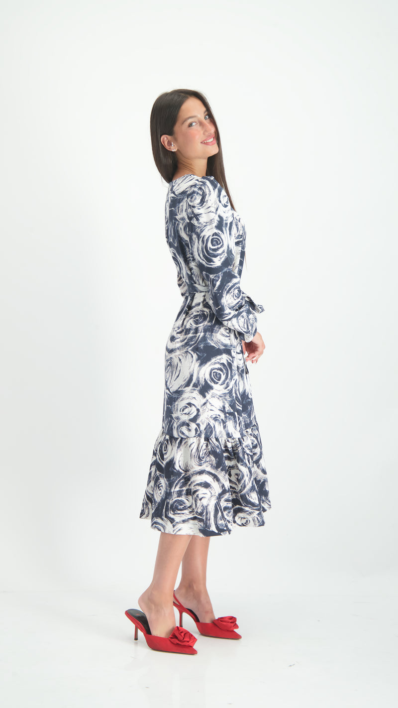 Elegant Dress With Belt / Navy Flowers