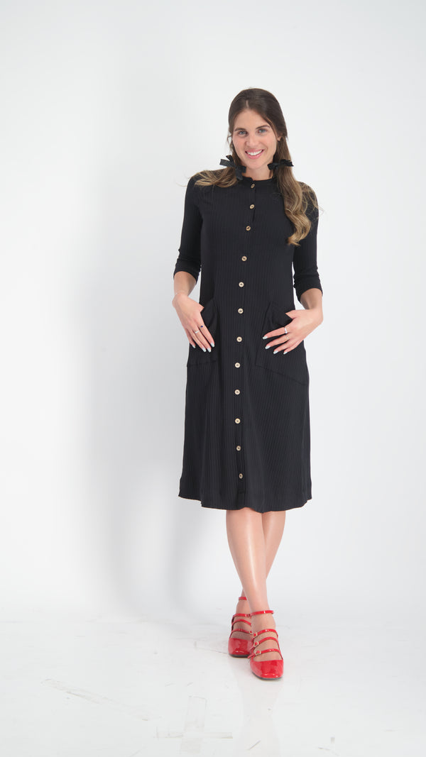 A-line Ribbed Pocket Dress / Black