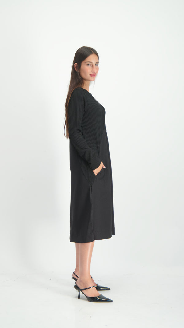 Waisted Ribbed Dress / Black