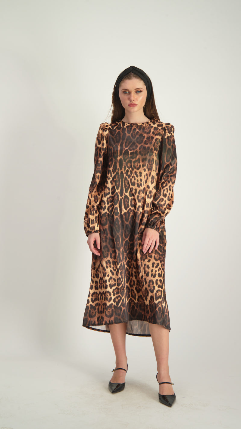 Satin A-line Dress with belt / Leopard