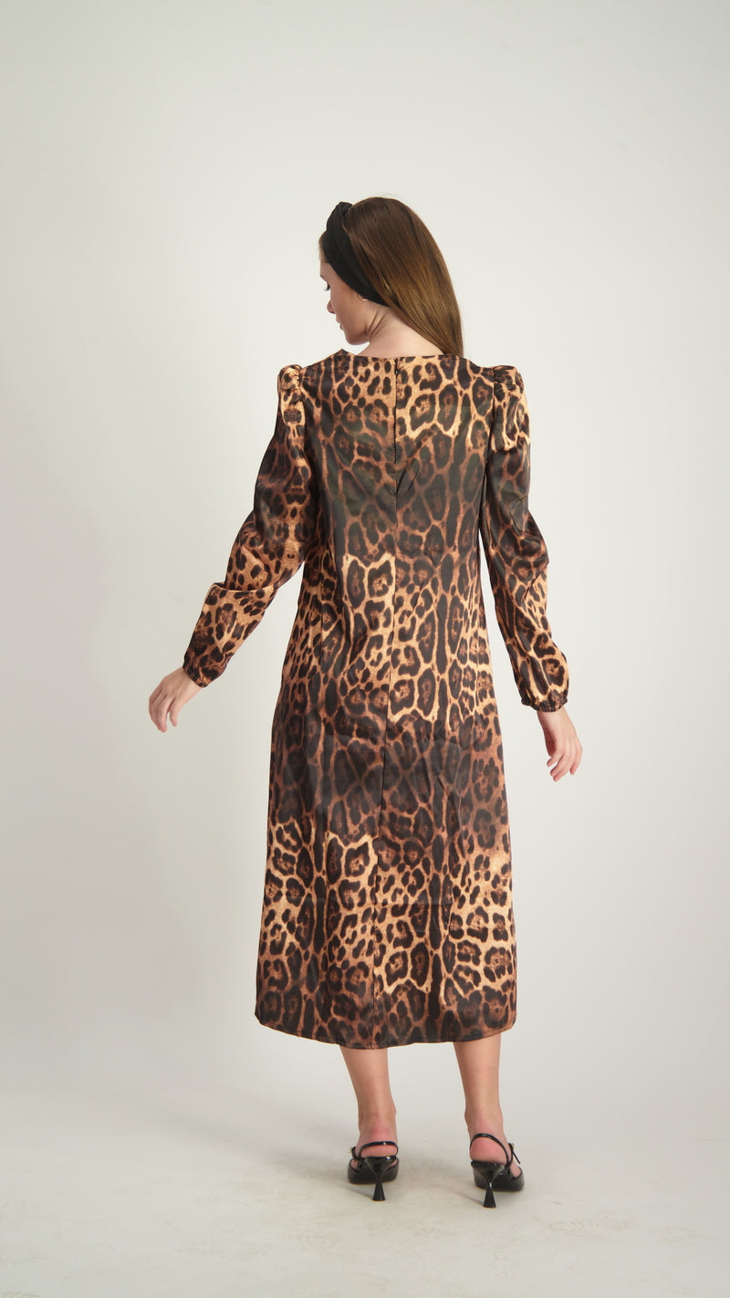 Satin A-line Dress with belt / Leopard