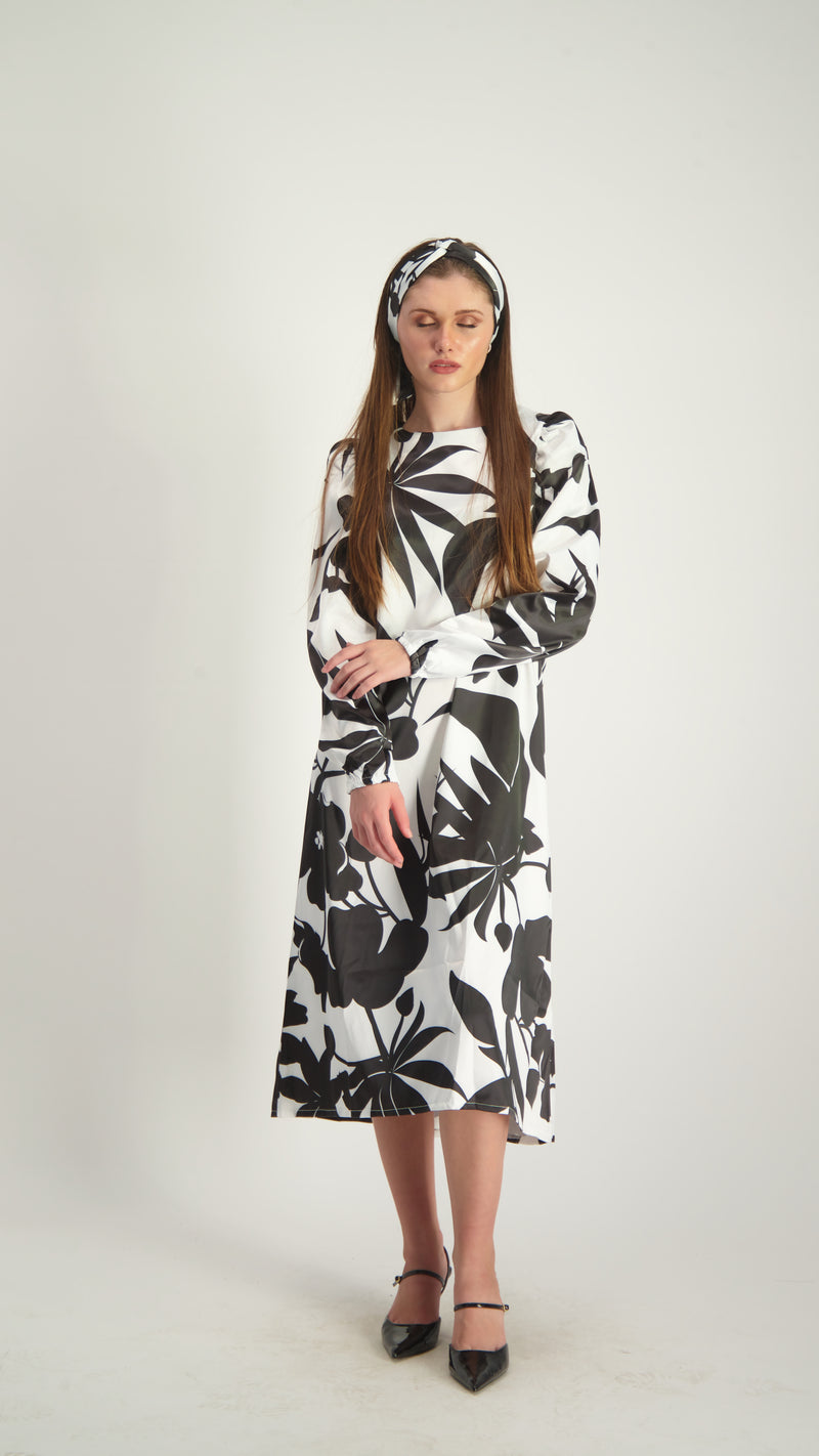 Satin A-line Dress with belt / Black & White Flowers