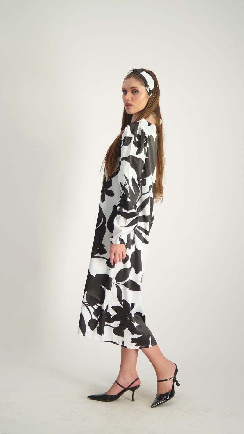 Satin A-line Dress with belt / Black & White Flowers