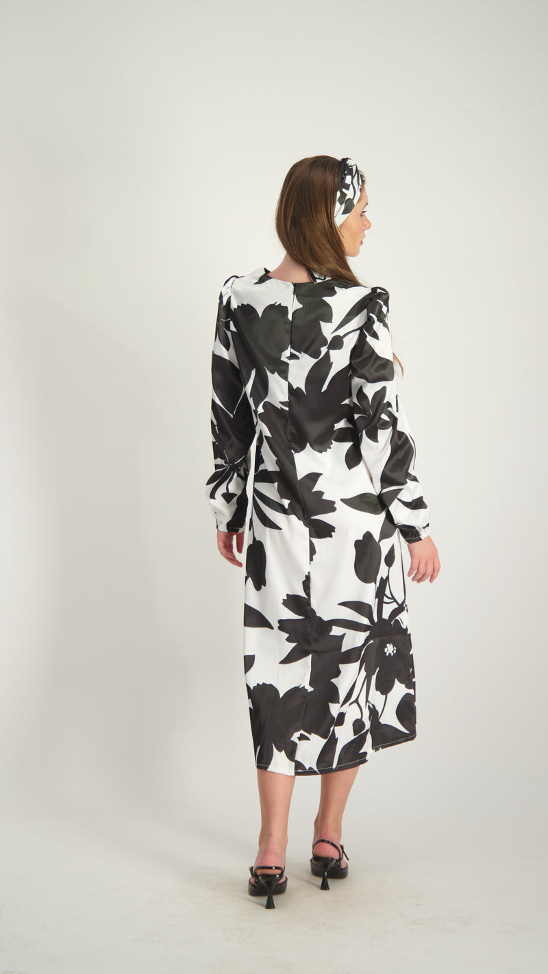 Satin A-line Dress with belt / Black & White Flowers