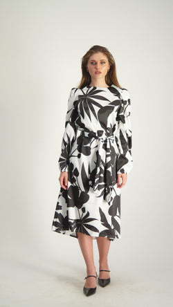 Satin A-line Dress with belt / Black & White Flowers