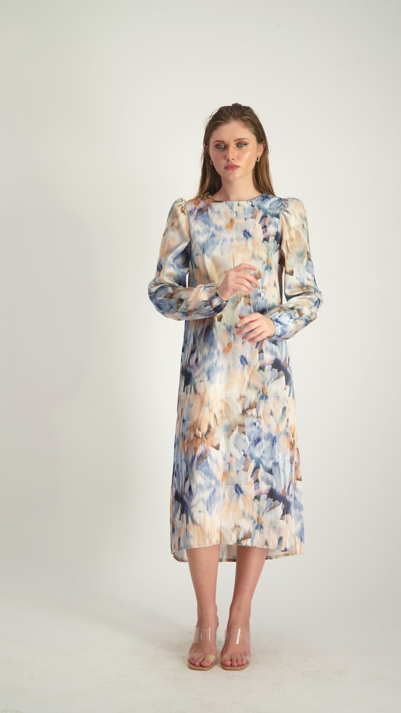 Satin A-line Dress with belt / Beige & Blue