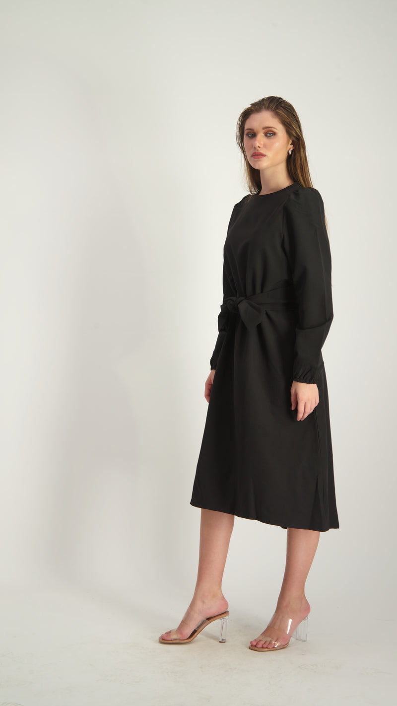 Satin A-line Dress with belt / Black