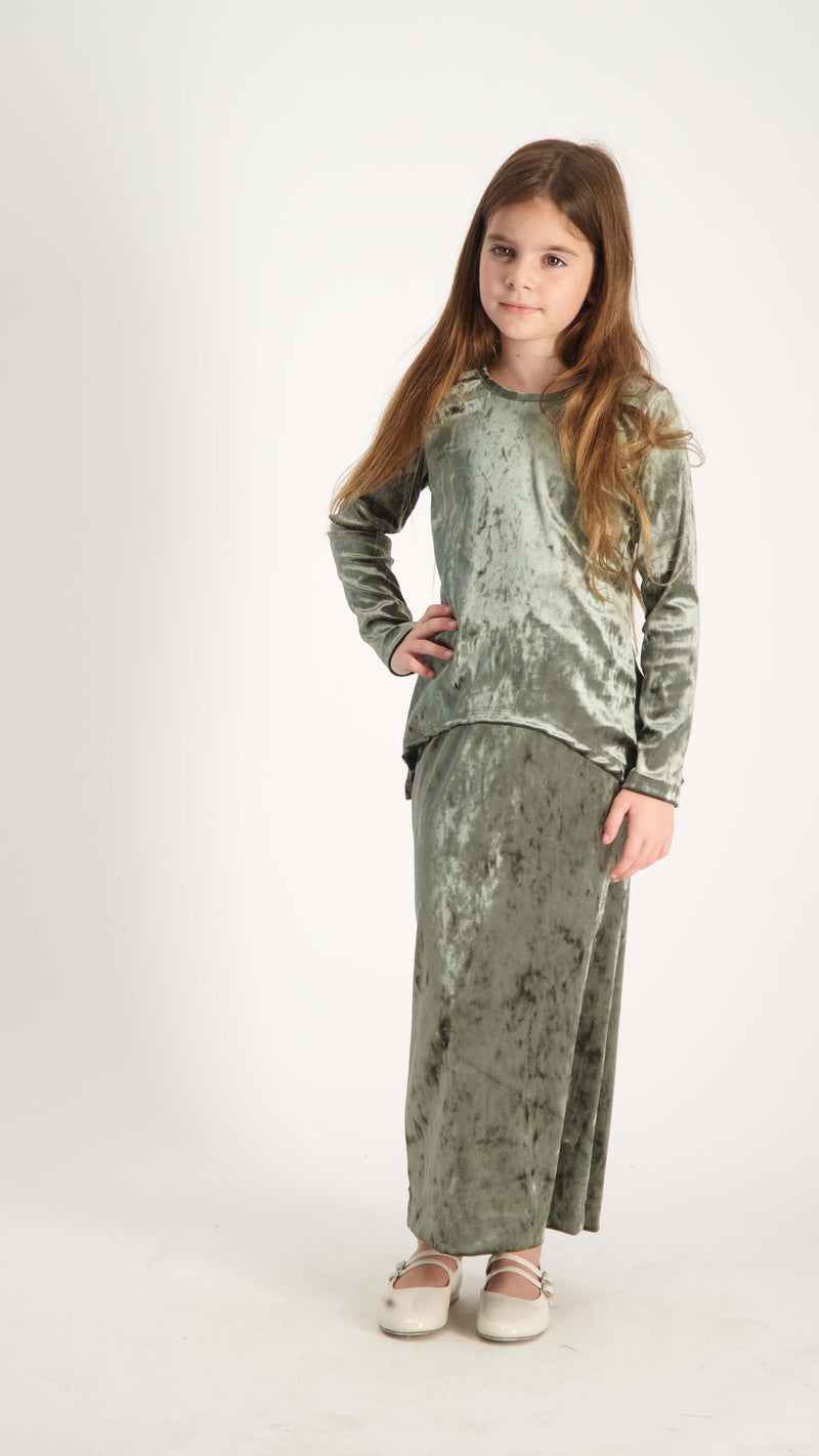 Kids Asymmetric Velvet Set / Olive Ice