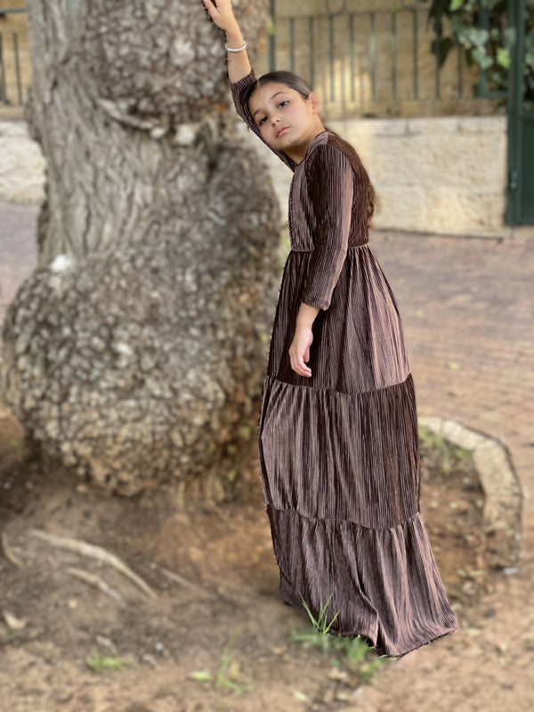 Kids Ribbed Velvet Maxi Layers Dress / Brown