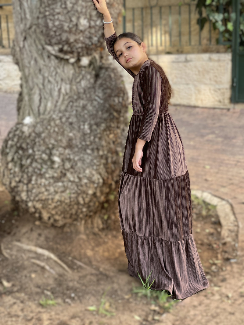 Kids Ribbed Velvet Maxi Layers Dress / Brown