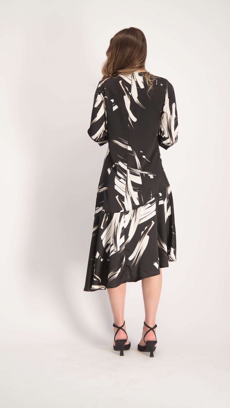 Ruffle Asymmetric Dress / Black & Beige Splash