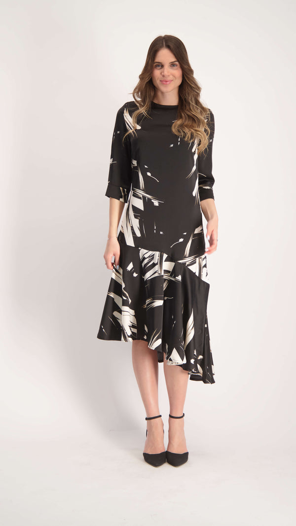 Ruffle Asymmetric Dress / Black & Beige Splash