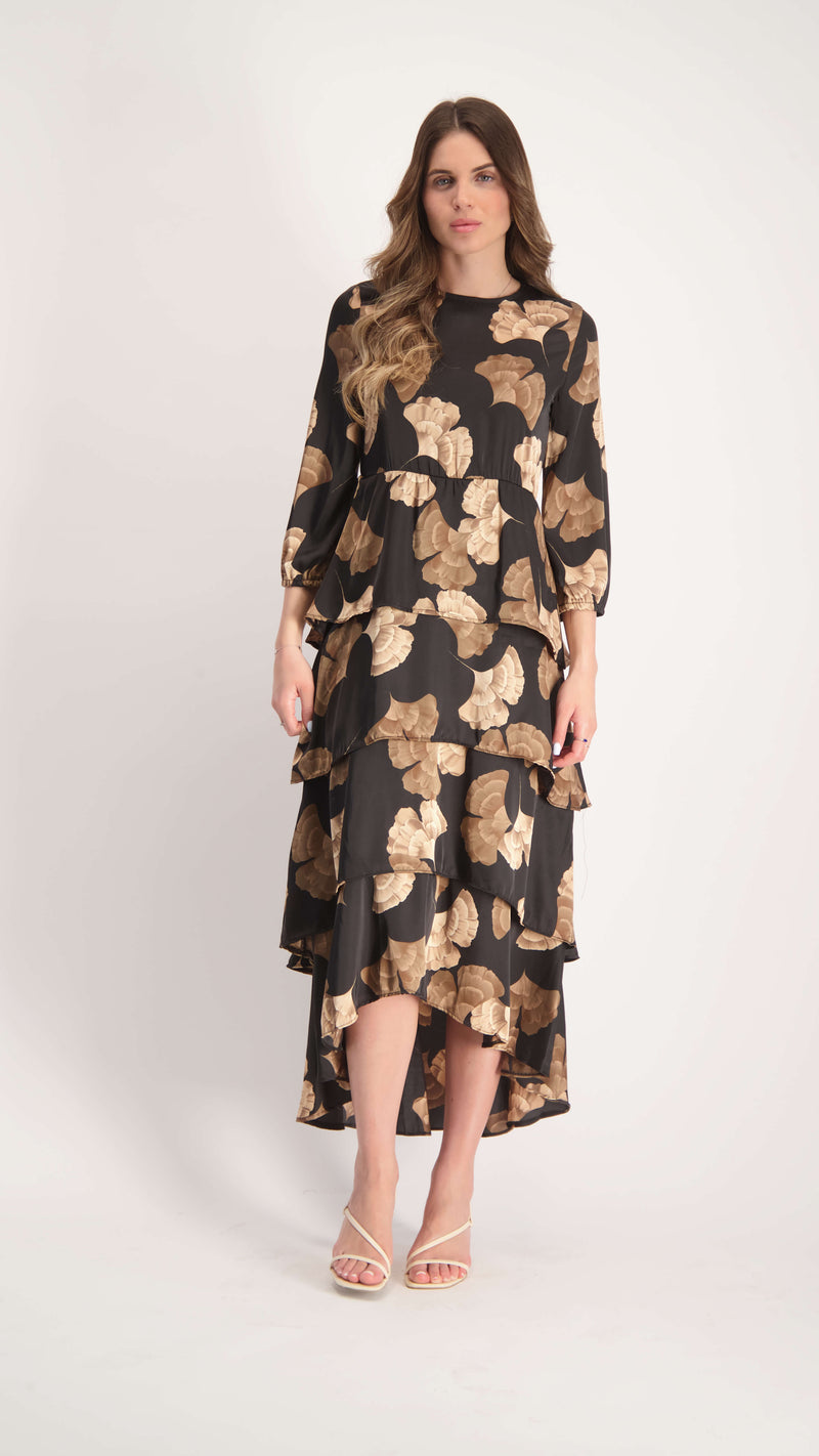 Ruffle Layers Dress / Black & Beige Flowers