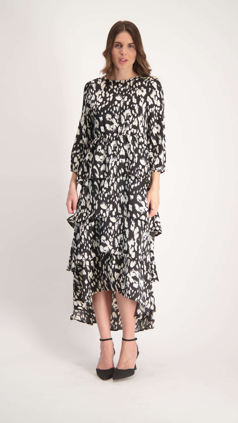 Ruffle Layers Dress / Black & White Leopard