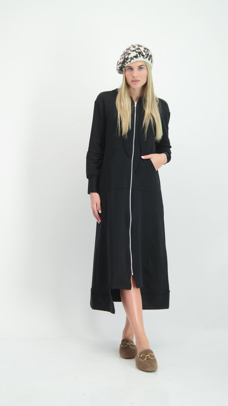 Hoodie Dress With Zipper / Black