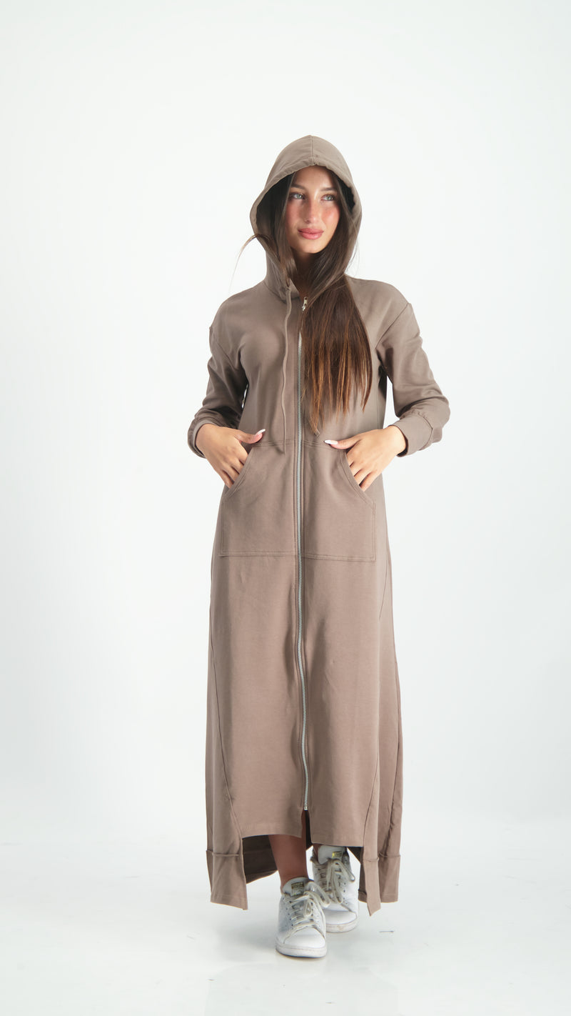 Hoodie Dress With Zipper / Brown