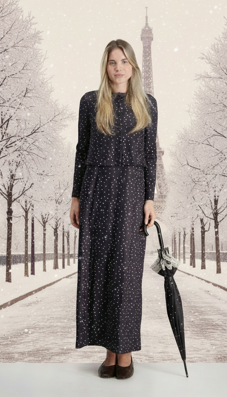 Cardigan + Sarafan Set / Black Polka Dots