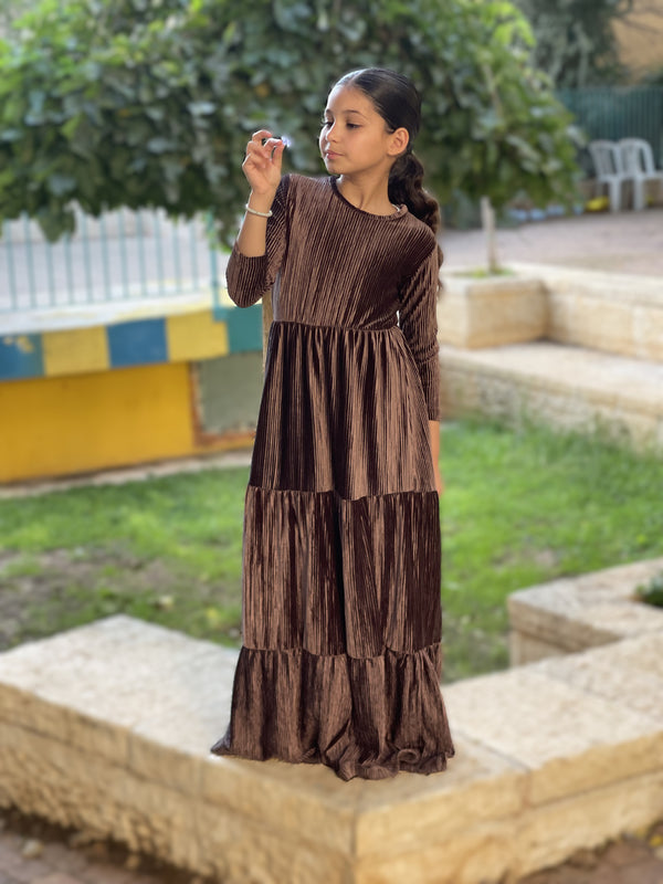 Kids Ribbed Velvet Maxi Layers Dress / Brown
