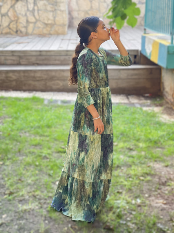 Kids Ribbed Velvet Maxi Layers Dress / Tie Dye