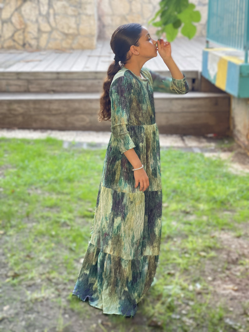 Kids Ribbed Velvet Maxi Layers Dress / Tie Dye
