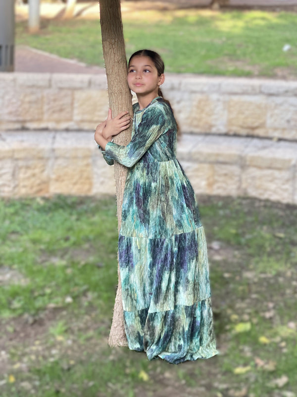Kids Ribbed Velvet Maxi Layers Dress / Tie Dye