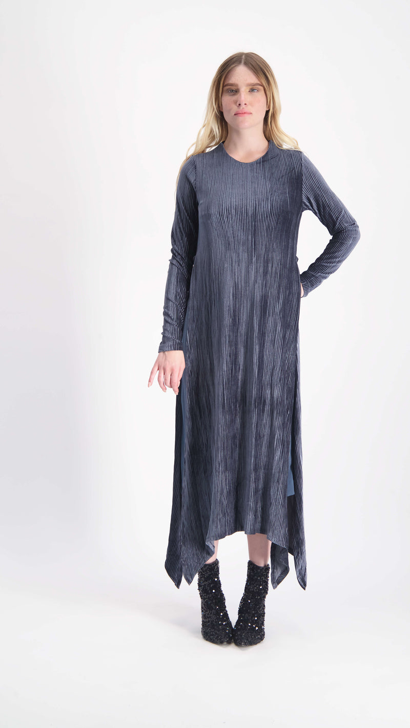 Asymmetric Ribbed Velvet Dress / Grey