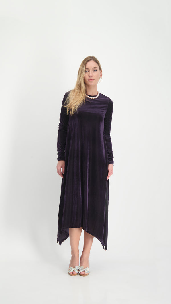 Asymmetric Ribbed Velvet Dress / Plum