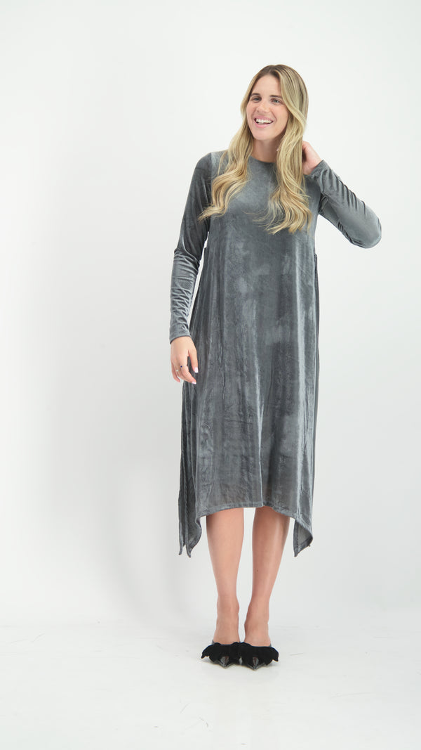 Asymmetric Ribbed Velvet Dress / Grey