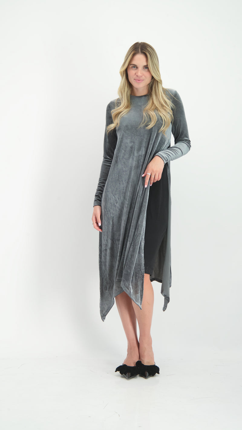 Asymmetric Ribbed Velvet Dress / Grey