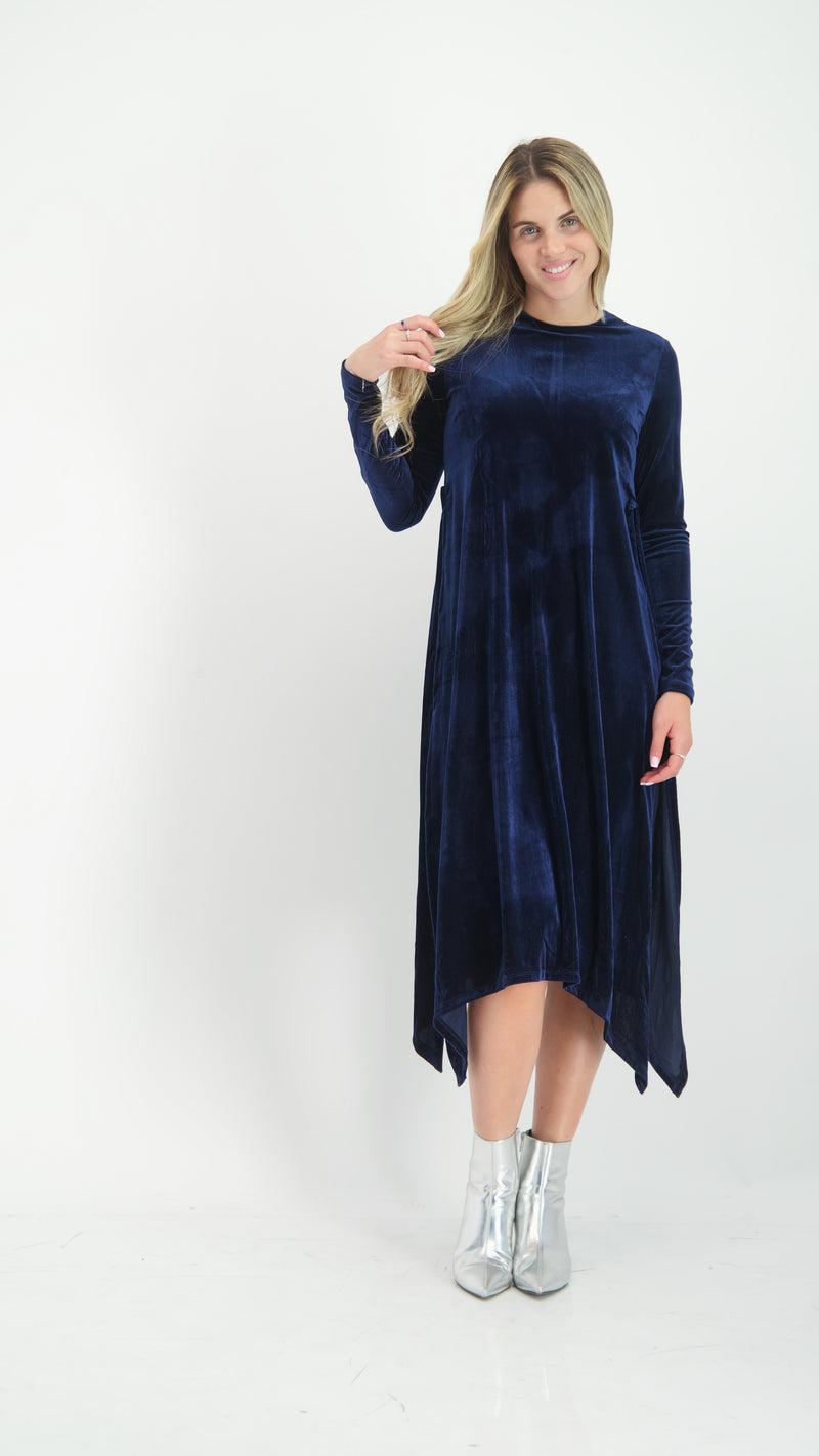 Asymmetric Ribbed Velvet Dress / Navy