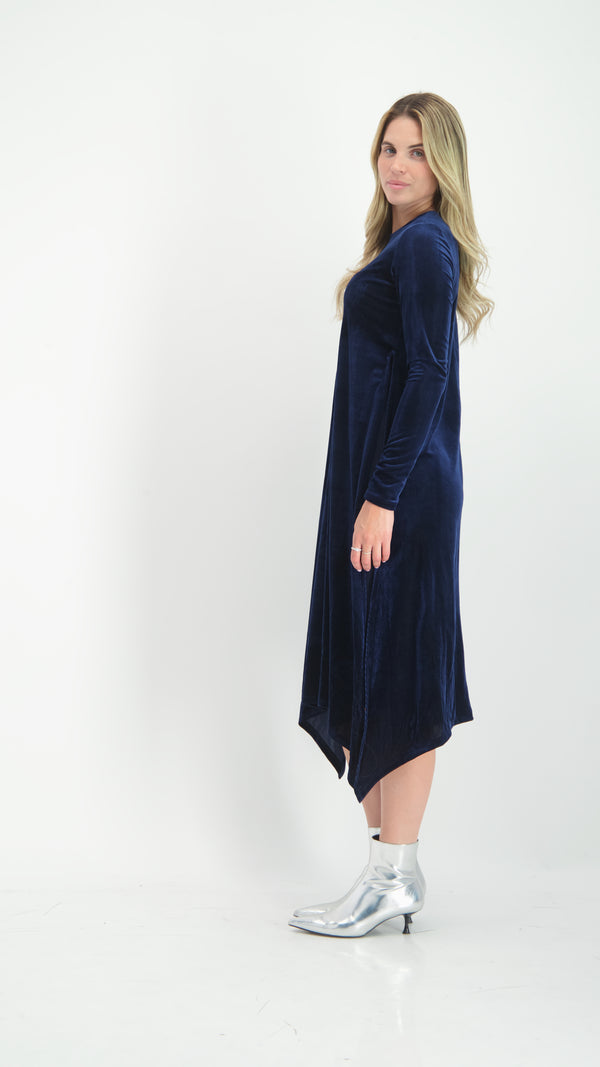 Asymmetric Ribbed Velvet Dress / Navy