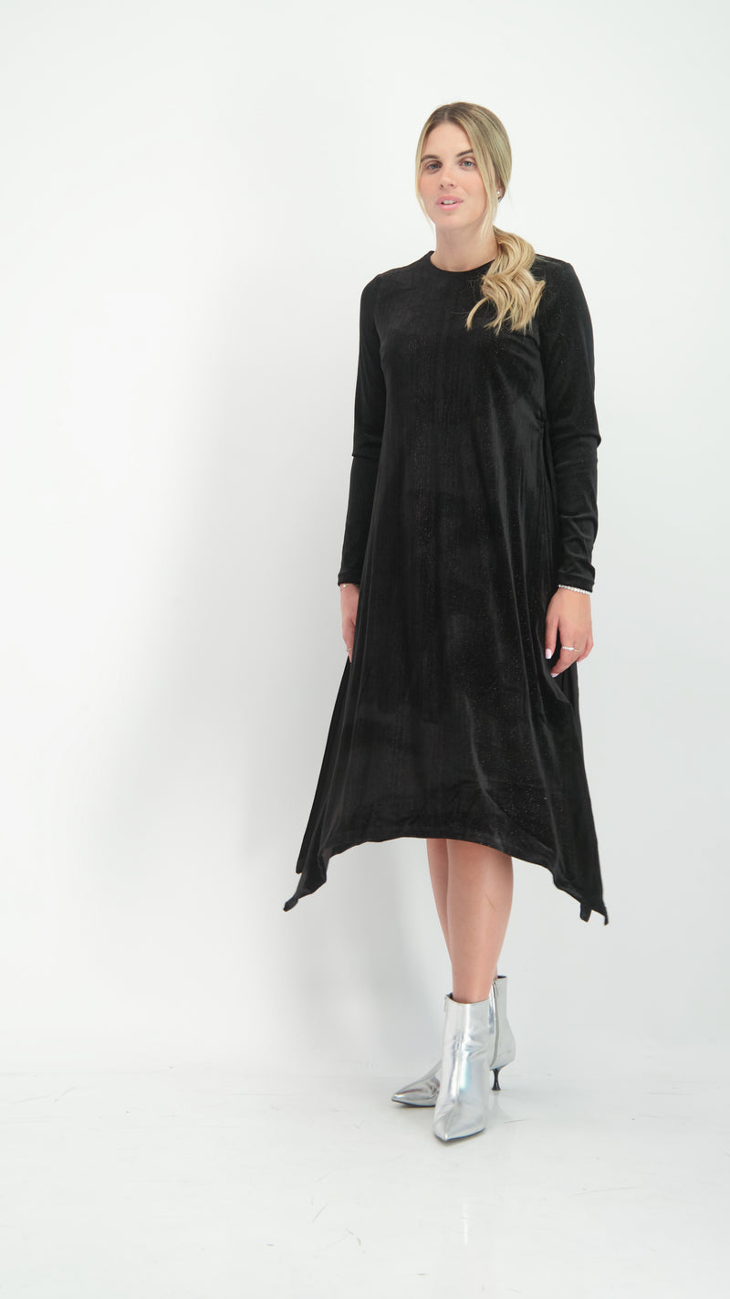 Asymmetric Ribbed Velvet Dress / Black Shine