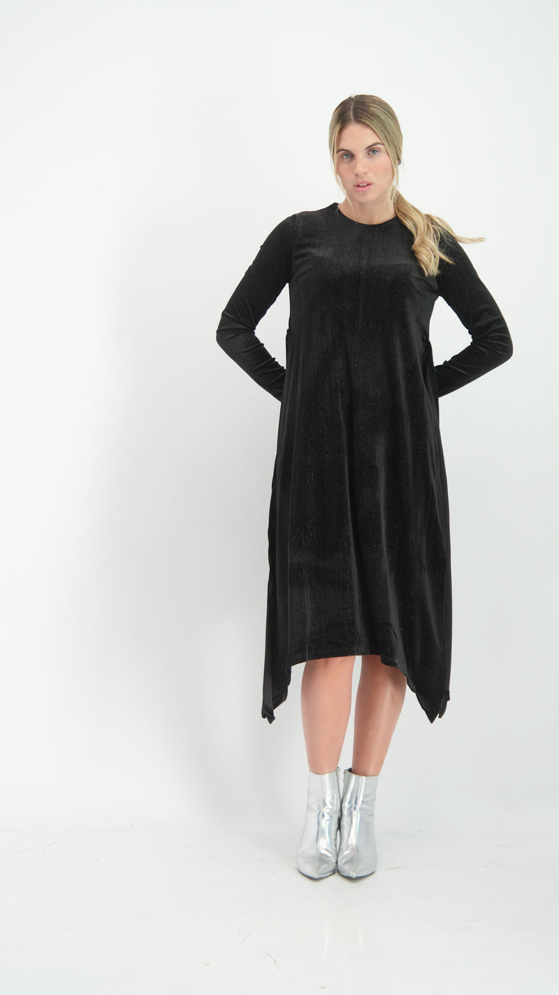 Asymmetric Ribbed Velvet Dress / Black Shine