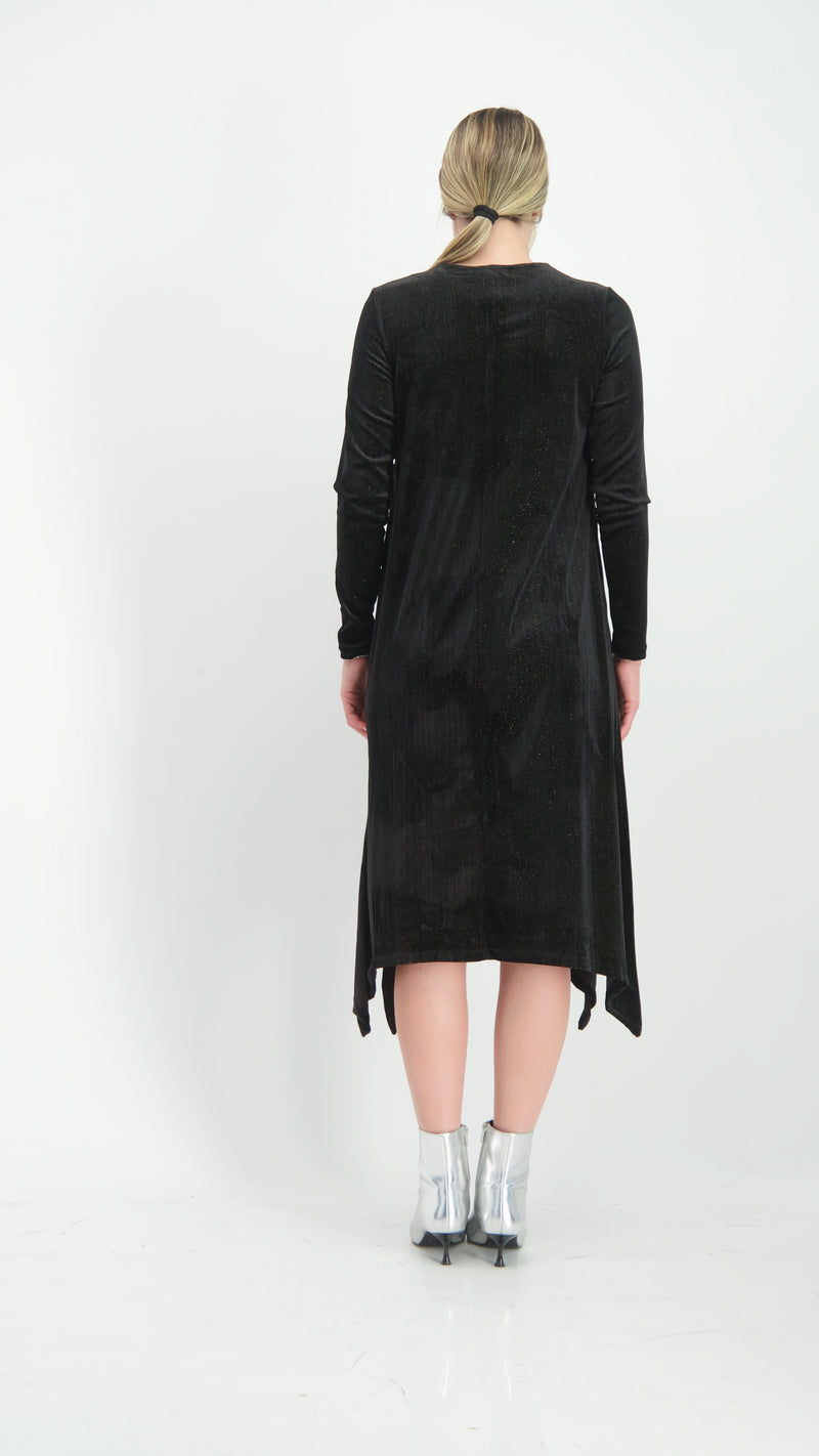 Asymmetric Ribbed Velvet Dress / Black Shine