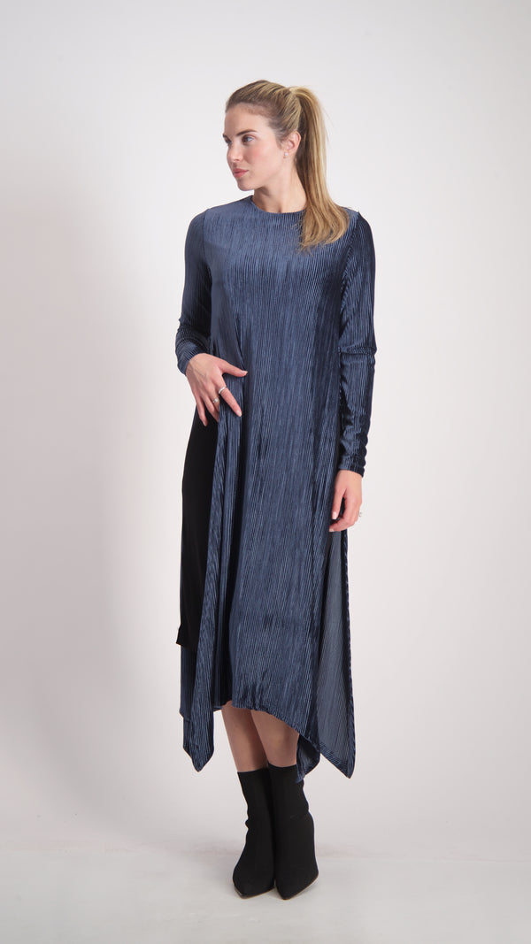 Asymmetric Ribbed Velvet Dress / Petrol