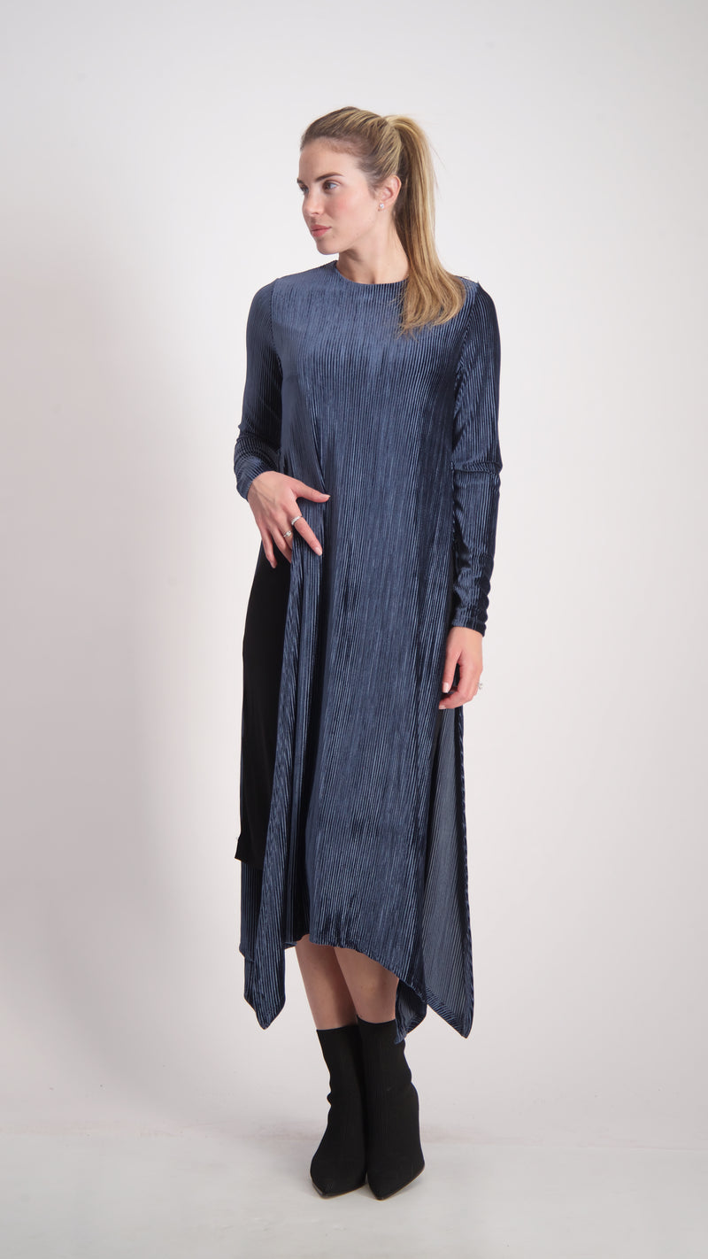 Asymmetric Ribbed Velvet Dress / Petrol