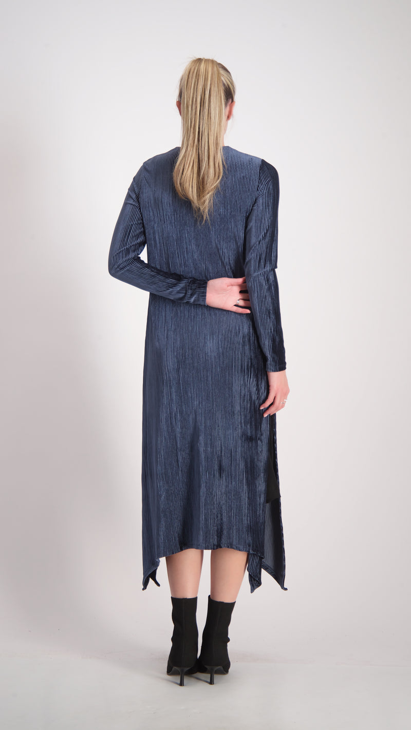 Asymmetric Ribbed Velvet Dress / Petrol