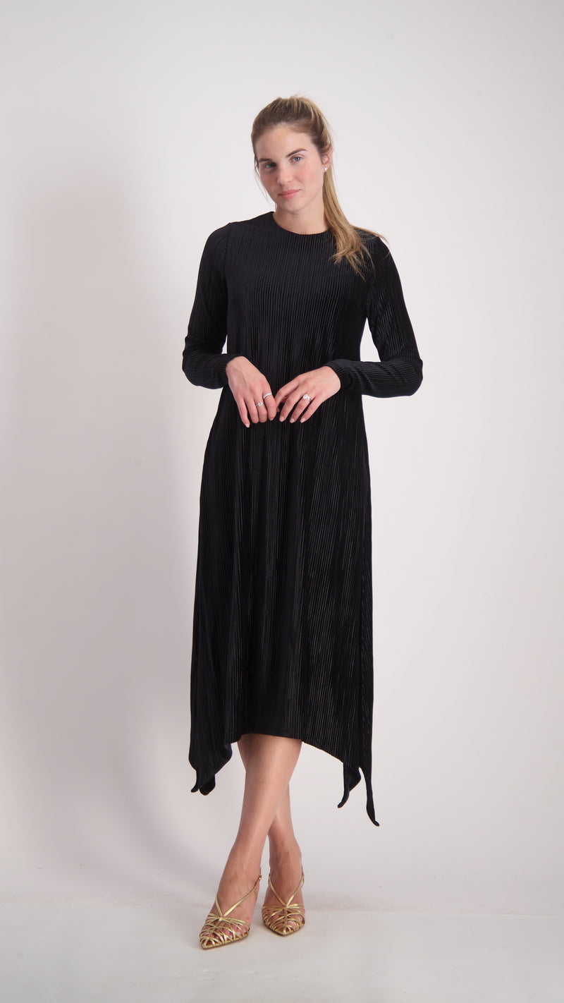 Asymmetric Ribbed Velvet Dress / Black