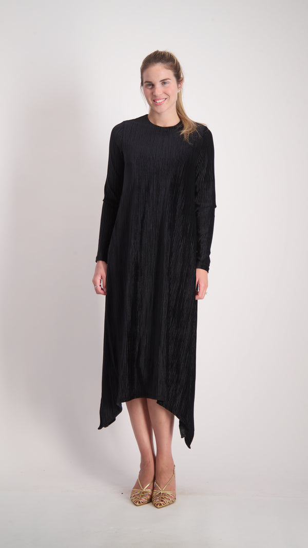 Asymmetric Ribbed Velvet Dress / Black