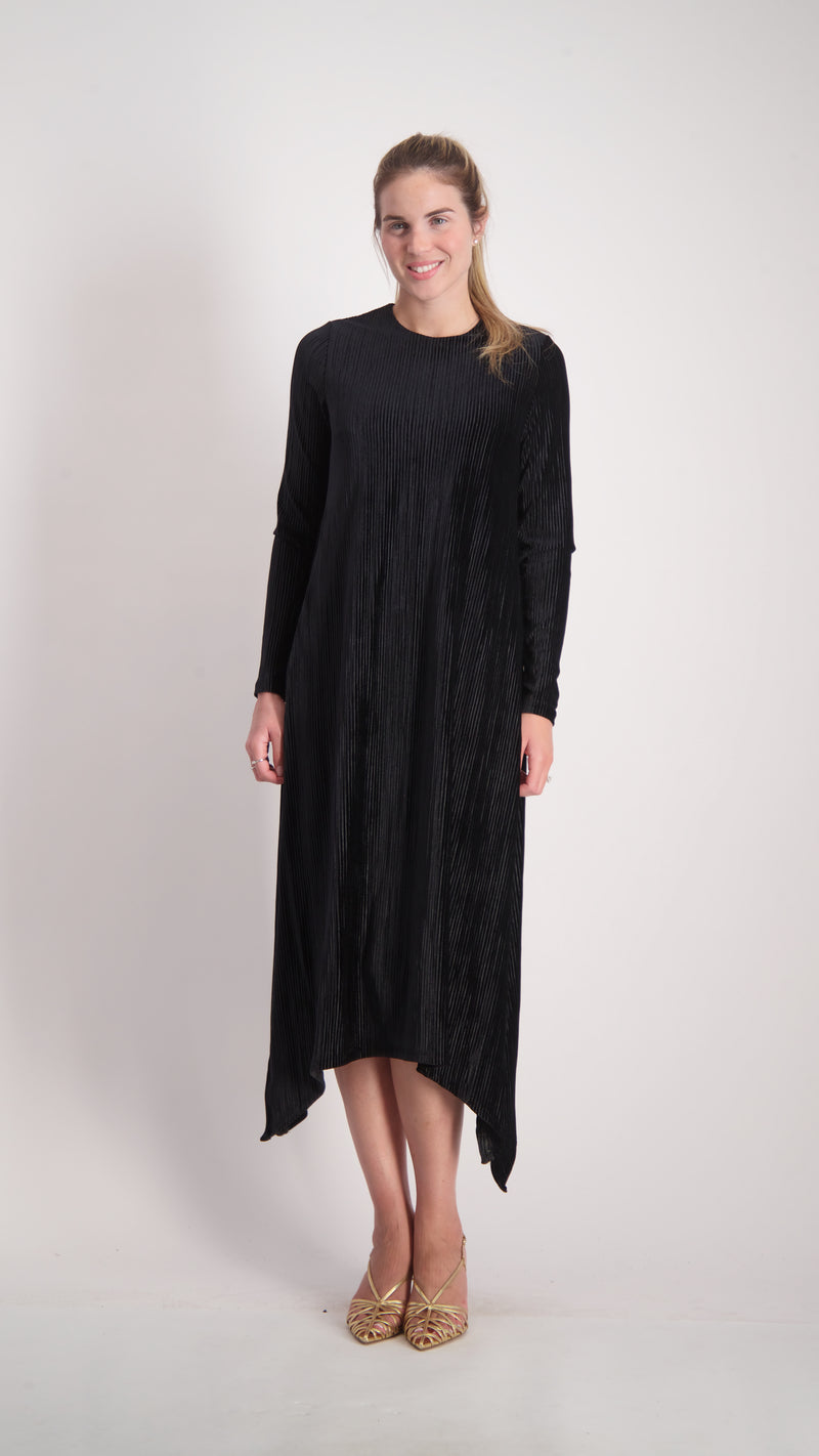 Asymmetric Ribbed Velvet Dress / Black