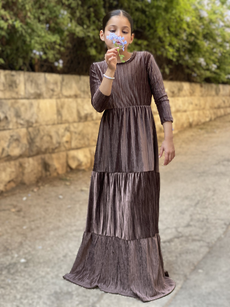 Kids Ribbed Velvet Maxi Layers Dress / Brown