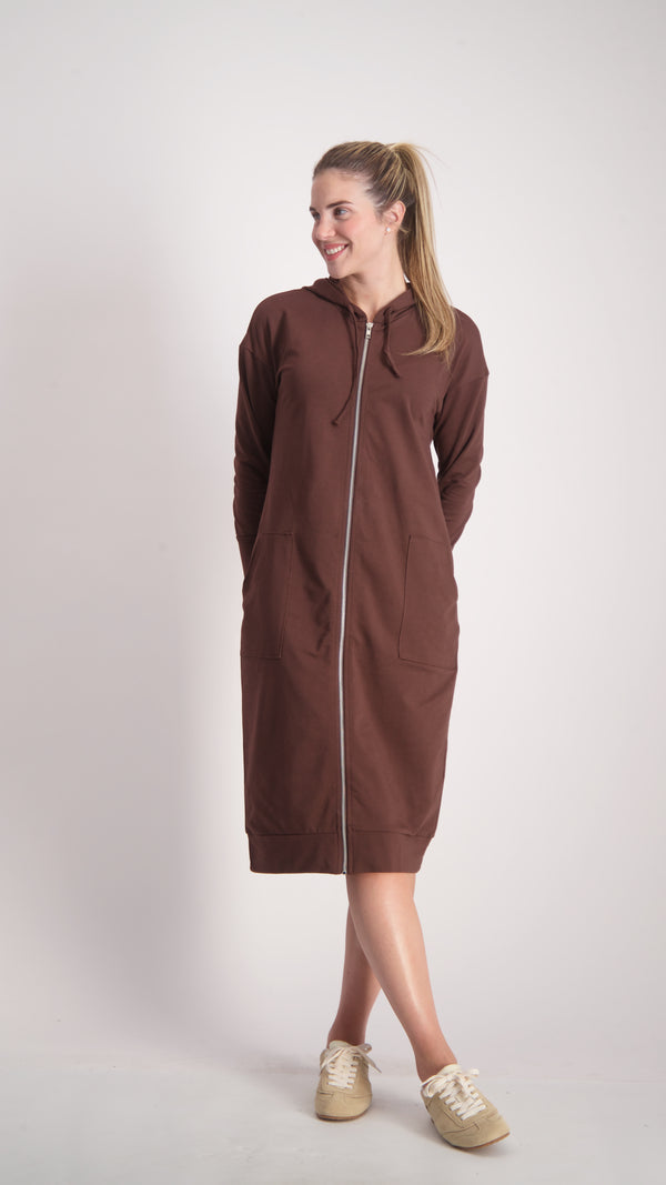 Hoodie Dress With Zipper / Brown