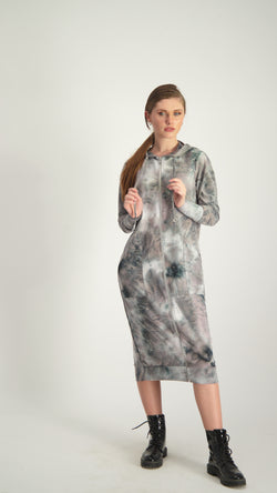Hoodie Dress With Zipper / Grey Tie Dye
