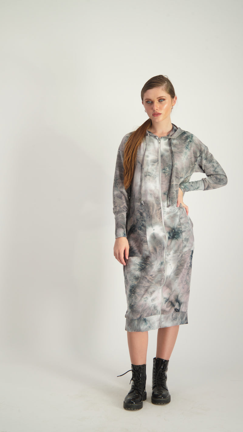 Hoodie Dress With Zipper / Grey Tie Dye