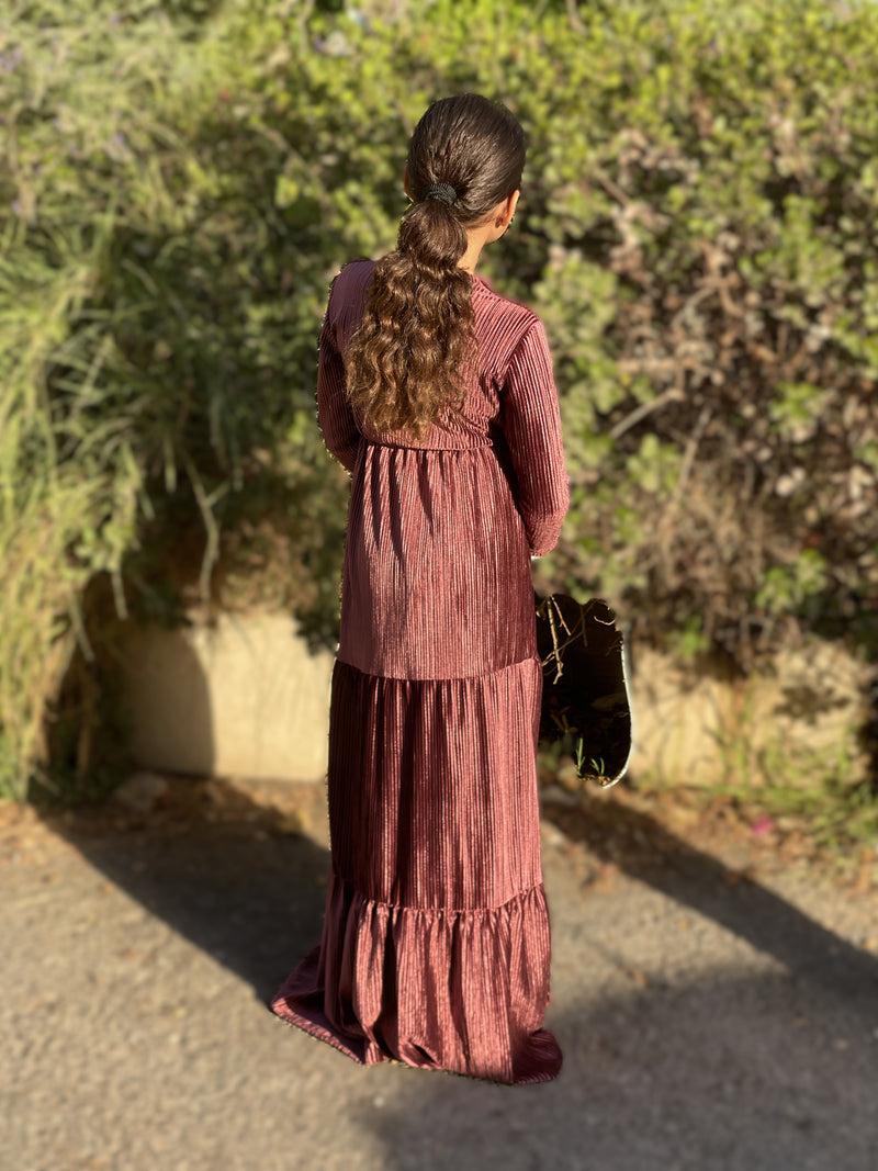 Kids Ribbed Velvet Maxi Layers Dress / Burgandy