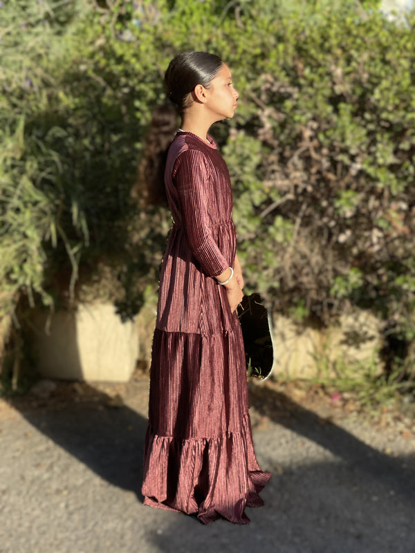 Kids Ribbed Velvet Maxi Layers Dress / Burgandy